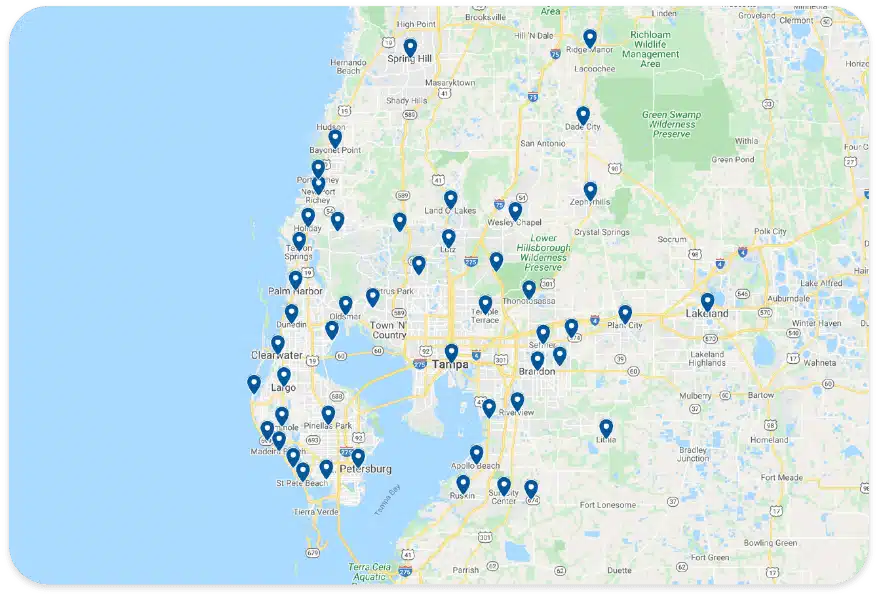 Map of Tampa Bay area with multiple blue pin markers indicating various locations, including Clearwater, St. Petersburg, and Lakeland.