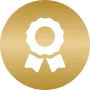 Golden medal with a circular shape and a ribbon icon cutout in the center.