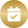 Gold circular icon featuring a black calendar symbol with a checkmark.