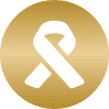 Gold circle with a black awareness ribbon in the center.