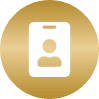 Gold circle icon with a black user ID card symbol in the center, featuring a user silhouette and rectangular shape.