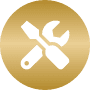 Gold circle with crossed wrench and screwdriver, symbolizing tools or repair.