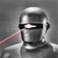 Futuristic robotic figure wearing a helmet with a laser beam shooting from its eye, black and white with a touch of red, cyberpunk style, digital art.