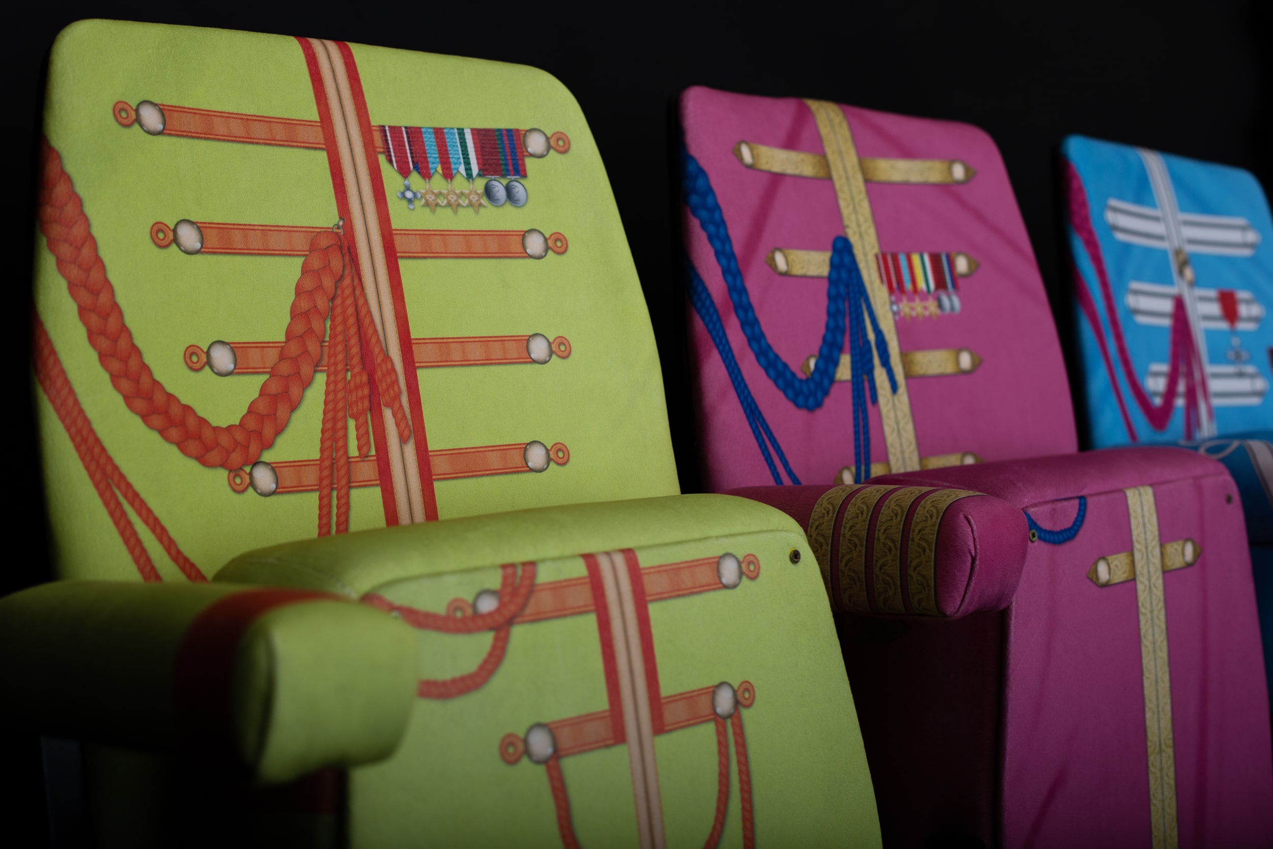 Closer photograph showing the detail reproduced in the Beatles Sgt Pepper's inspired cinema seat uniforms by Isaac's Bazaar bespoke upholstery service in the North West
