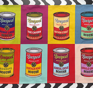 Jones Art X Isaac's Bazaar Scouse Cans Beatles Edit Tea Towel