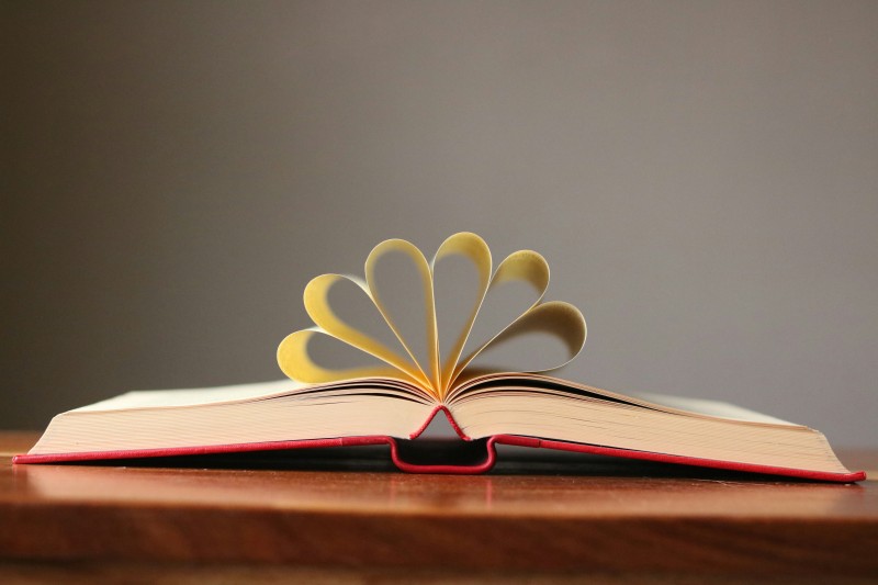 A book with pages folded to form heart shapes