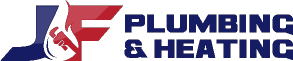 JF Plumbing & Heating logo with text and a red and blue stylized wrench design.
