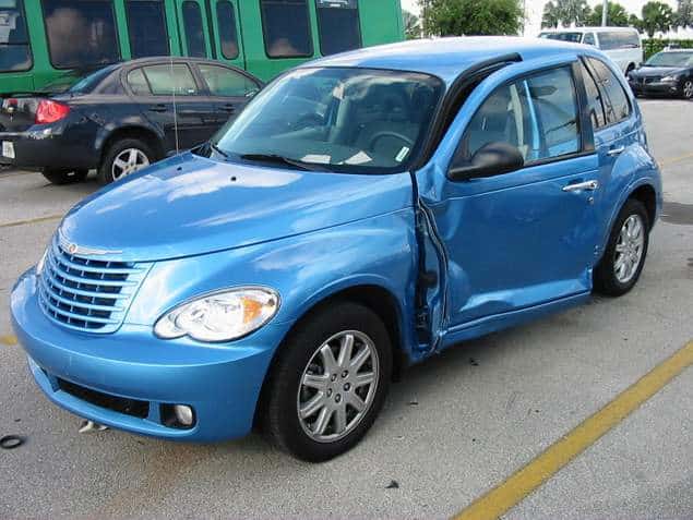 damage to outside of driver side door after a car accident.