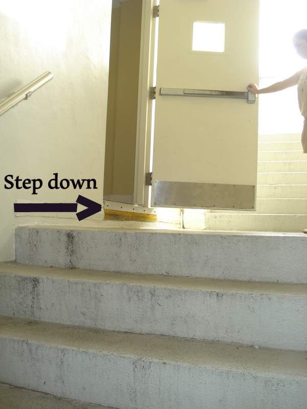 Mistep because no warning sign on a exit door at a North Miami Beach condominium.