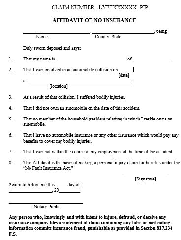 Image result for affidavit of no insurance PIP lyft