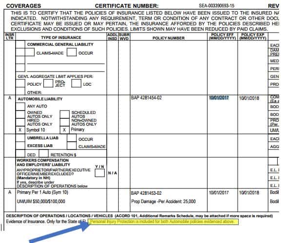 lyft certificate of insurance - PIP on all auto policies