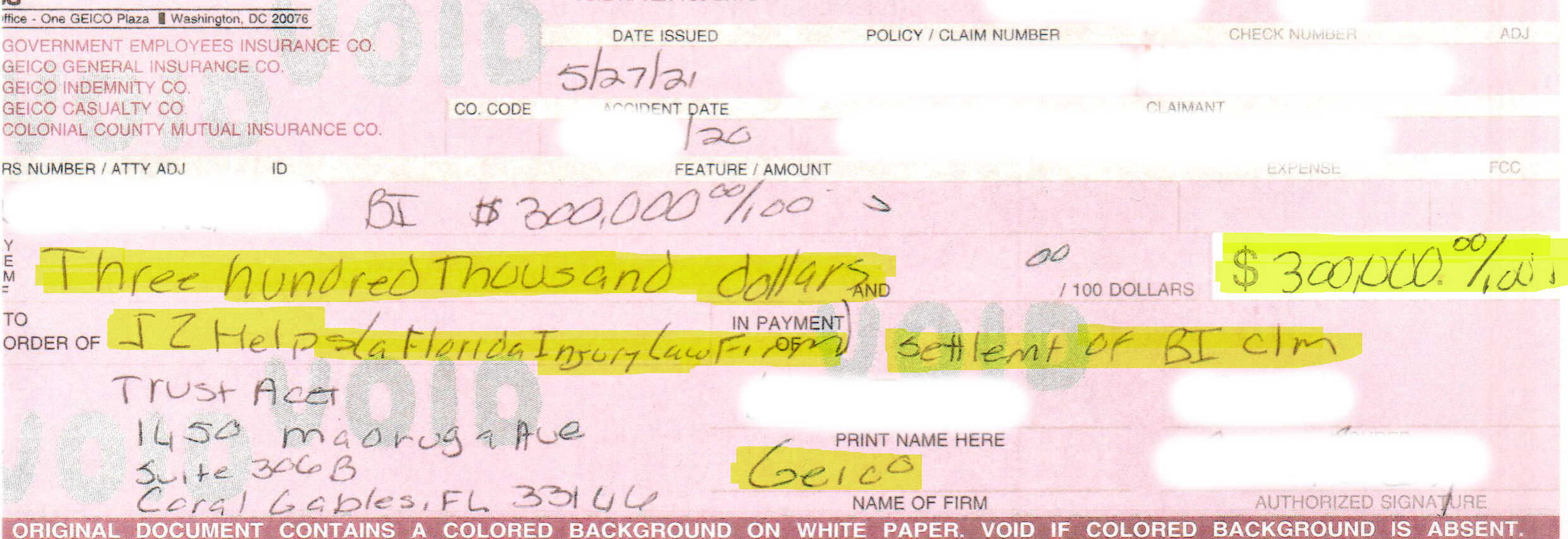 $300K car accident settlement check