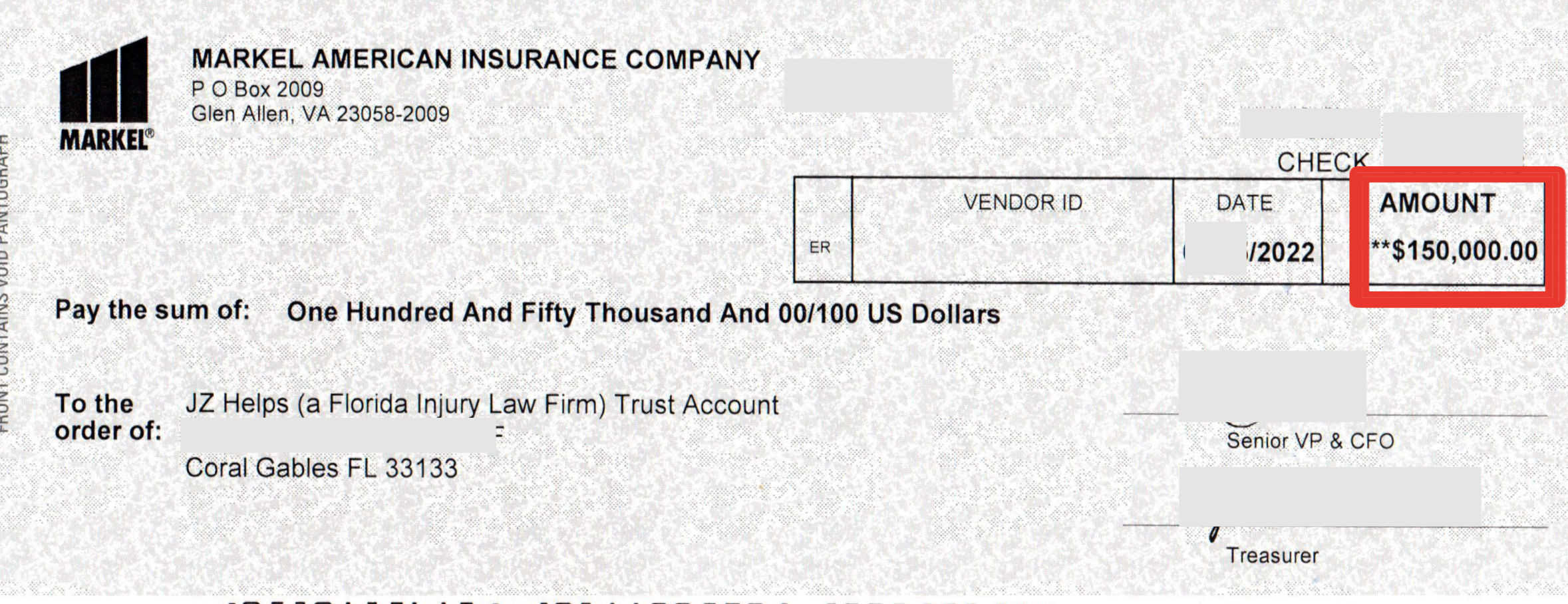 $150,000 settlement check from Markel American Insurance Company to JZ helps (a Florida injury law firm)