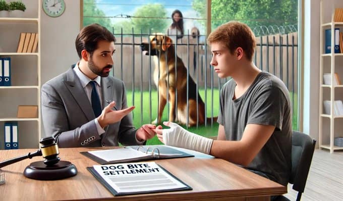 AI image of attorney meeting with client with a bandaged hand. dog in background. sheet of paper on table says DOG BITE SETTLEMENT