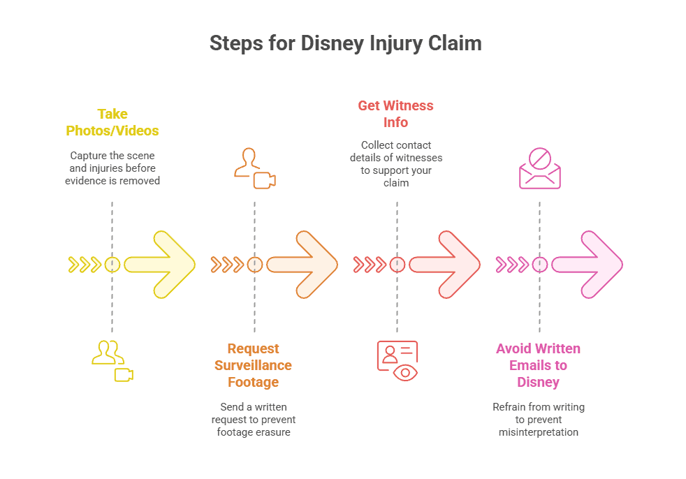 Steps for a Disney injury claim: 1) Take photos/videos to document the scene, 2) Request surveillance footage to prevent deletion, 3) Get witness contact details, and 4) Avoid written emails to Disney to prevent misinterpretation.