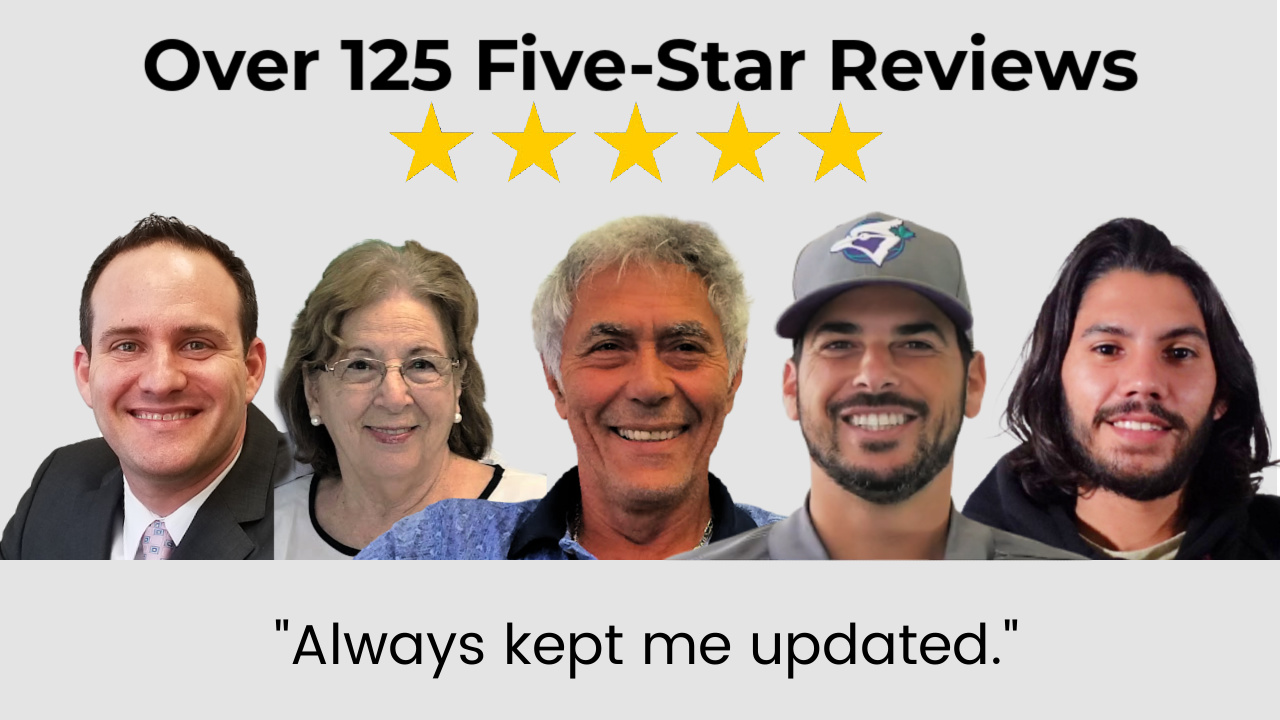 Group photo of attorney Justin Ziegler with four smiling clients, alongside text that says Over 125 Five-Star Reviews, five gold stars, and a client quote Always kept me updated.