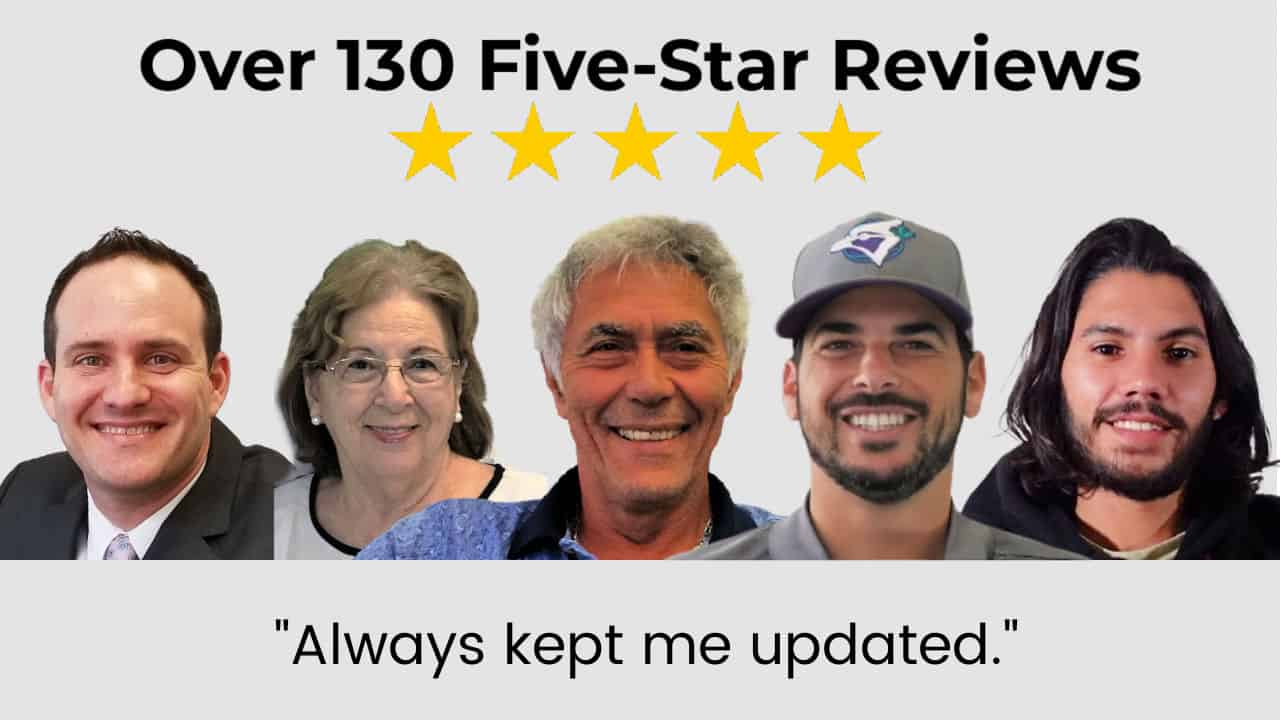 Group photo of attorney Justin Ziegler with four smiling clients, alongside text that says Over 130 Five-Star Reviews, five gold stars, and a client quote Always kept me updated.