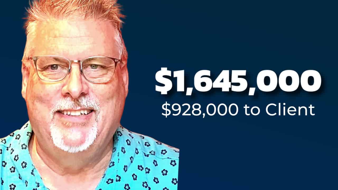 Mark smiling next to text showing $1,645,000 settlement and $928,000 to client for fall down stairs case.