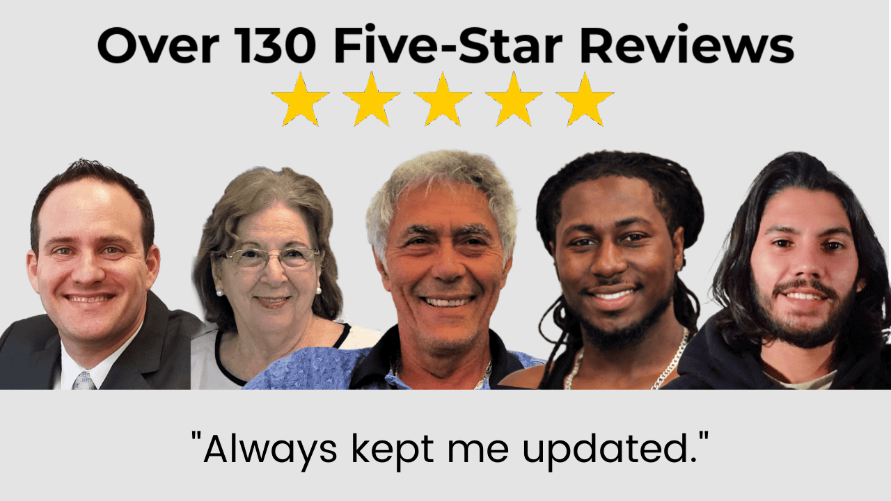 Group photo of attorney Justin Ziegler with four smiling clients, alongside text that says Over 130 Five-Star Reviews, five gold stars, and a client quote Always kept me updated.