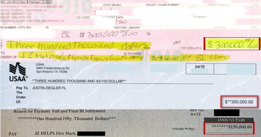 A collage of three real Florida car accident settlement checks totaling $750,000 from GEICO and USAA, recovered by Justin Ziegler, P.L. (JZ Helps - a Florida injury law firm).