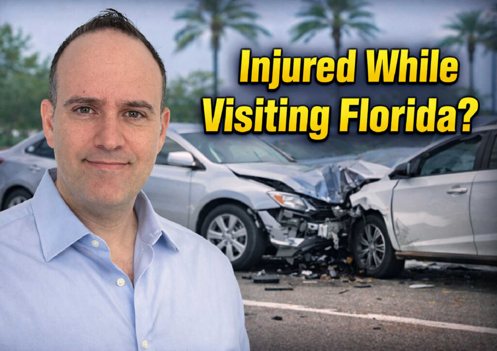 Florida personal injury attorney Justin Ziegler in front of car accident with text overlay "Injured While Visiting Florida?"