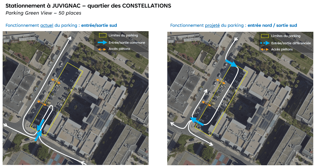 Plan avant/après des aménagements réalisés sur le parking communal de la rue Ganymède