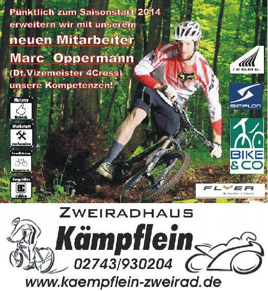 Mountainbiker im Wald bei Zweiradhaus Kämpflein mit Logo und Text.