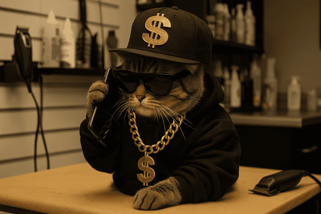 Big Boss Bosa – de stoere CEO-kat van Kattentrimsalon DDC met gouden ketting, dollarpet en telefoon