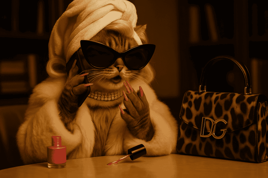 Lil’ Purrlux van Kattentrimsalon DDC met zonnebril, parels en gelakte nagels – de ultieme kattendiva