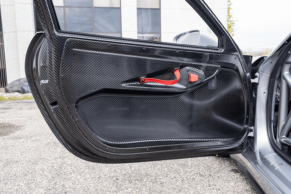Close-up of a carbon fiber door panel with racing harness in a Porsche 911 GT3 Cup.