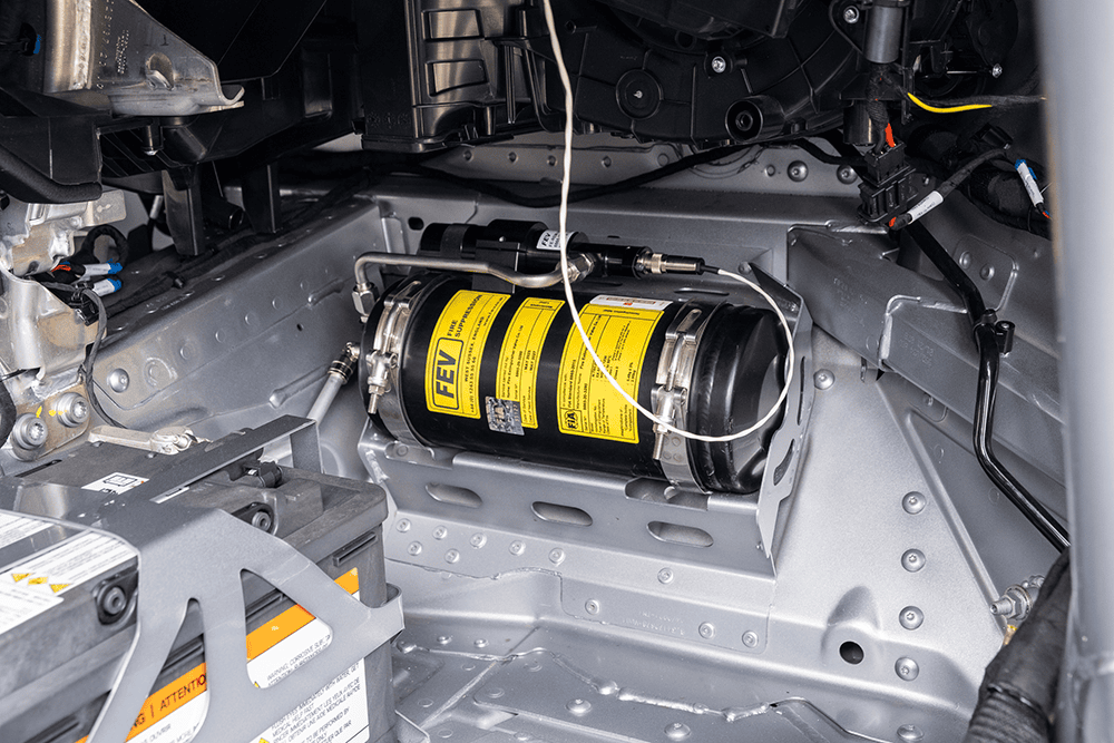 Fire suppression system inside a Porsche 911 GT3 Cup 992 race car.