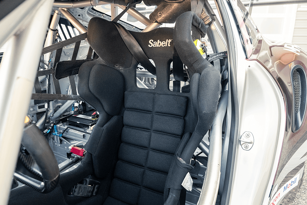 Close-up of racing seat inside a Porsche 911 GT3 Cup car.