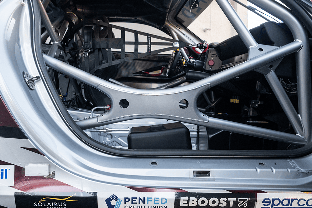 Close-up of the interior of a Kellymoss Porsche 911 GT3 Cup race car.
