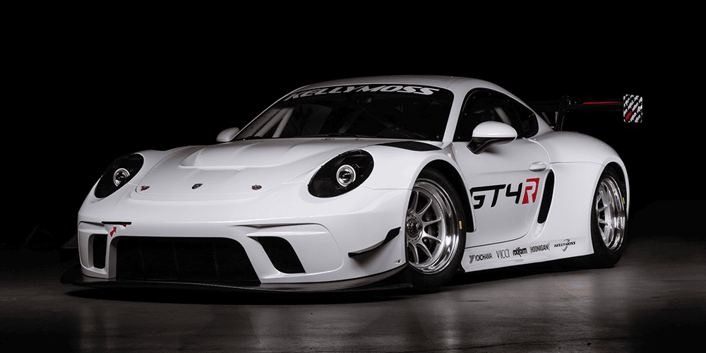Kellymoss GT4R race car on track with aerodynamic features and racing decals.