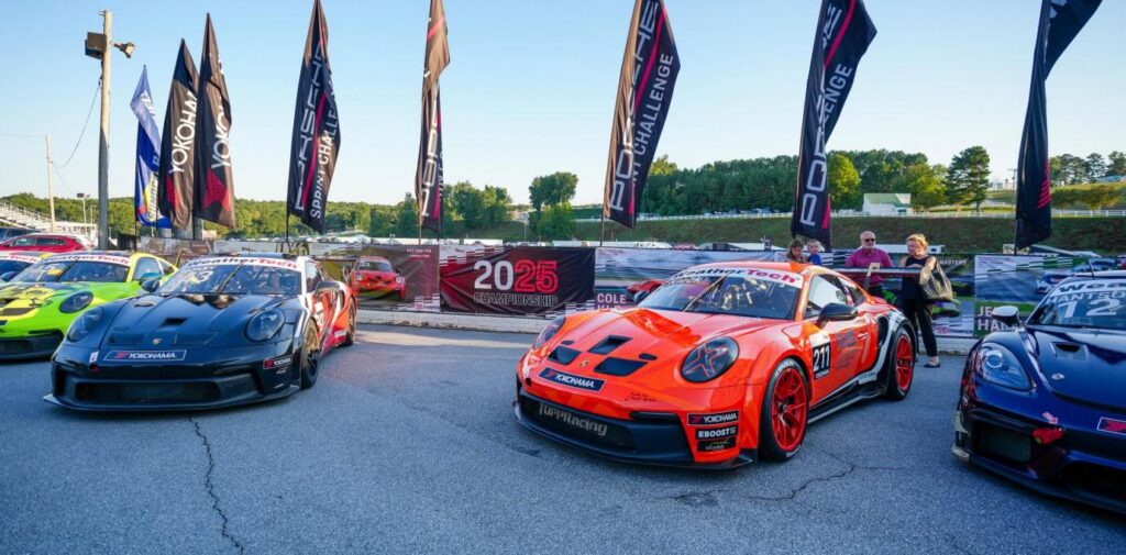 Race cars lined up at Road Atlanta for Porsche Sprint Challenge finale.