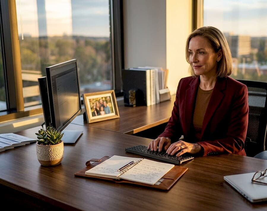 Executive working at glass desk in sunny corner office
