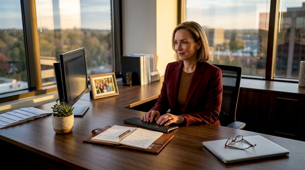 Executive working at glass desk in sunny corner office