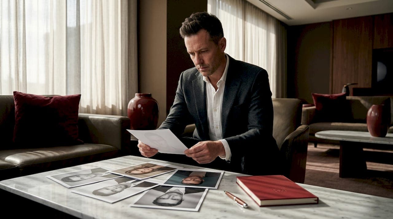 Executive reviewing printed headshots in studio