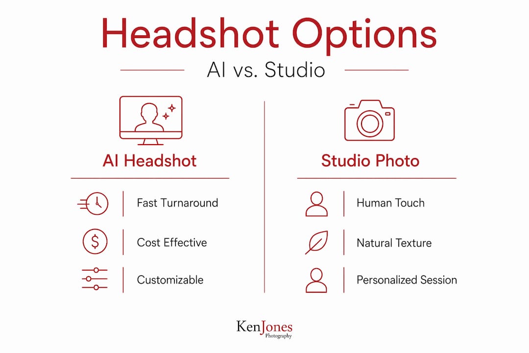 Infographic comparing AI headshots to studio photography