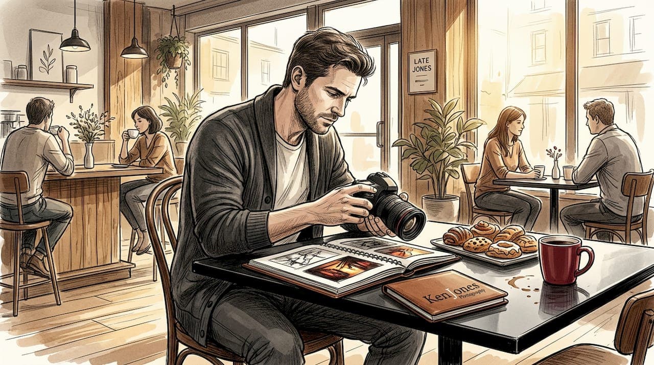 NYC photographer candidly working in a café