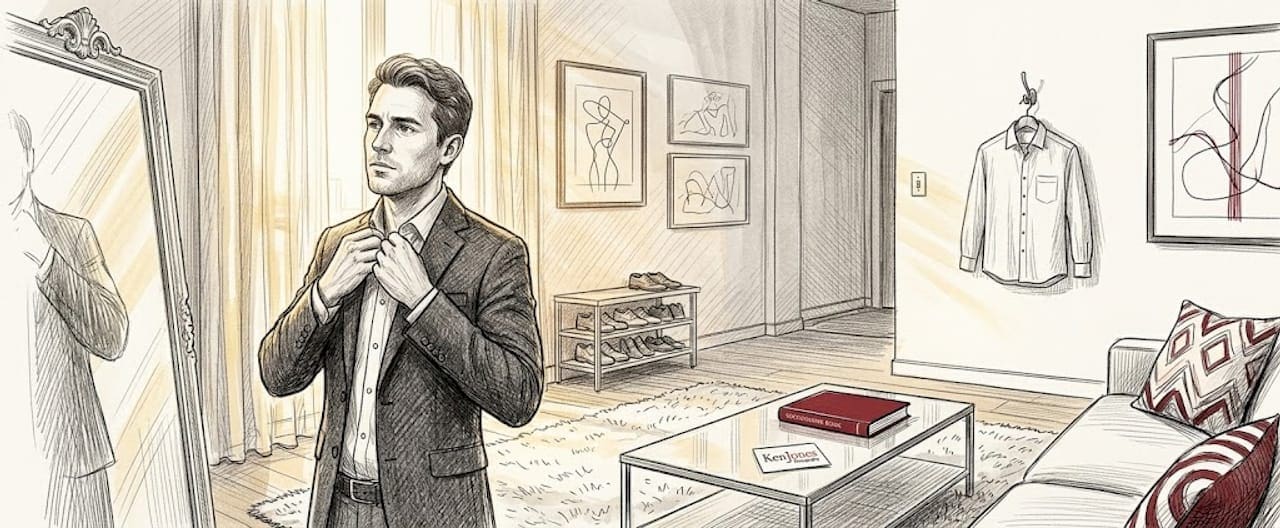 Person adjusting blazer in mirror before headshot session