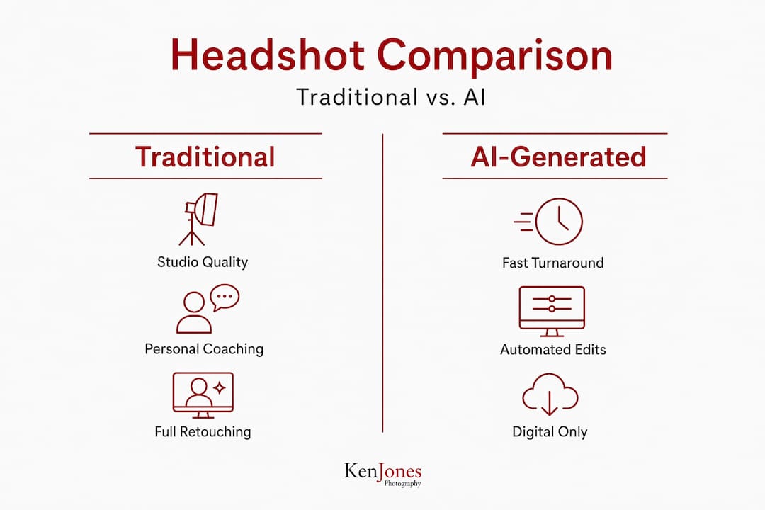 Infographic comparing traditional versus AI-generated headshots