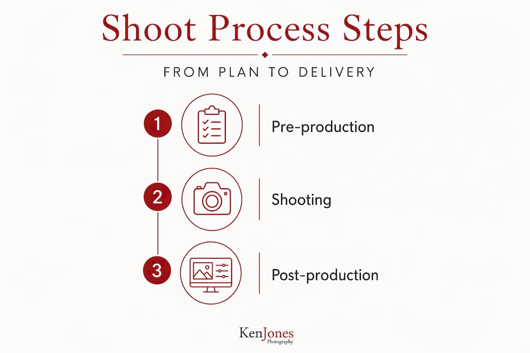 Infographic showing steps in a fashion photography shoot