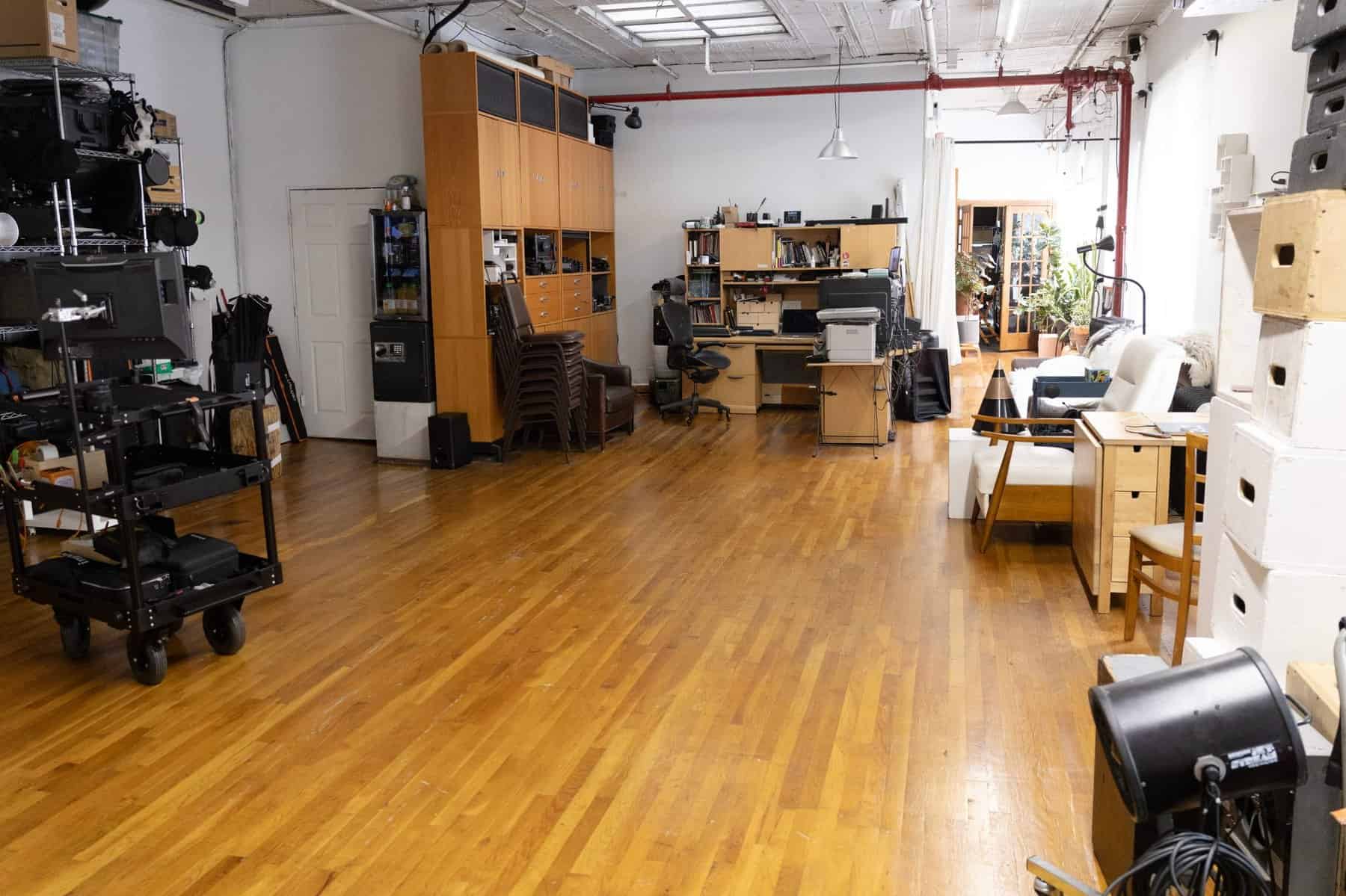 NYC photography studio open floor with production area and hardwood floors