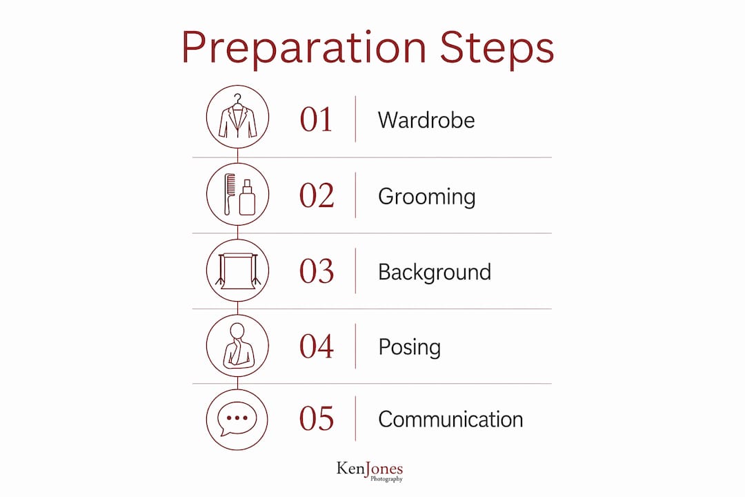 Infographic showing five key steps for executive headshot preparation