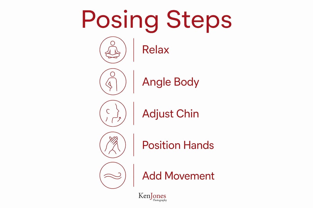 Infographic showing step-by-step posing process for beauty photography
