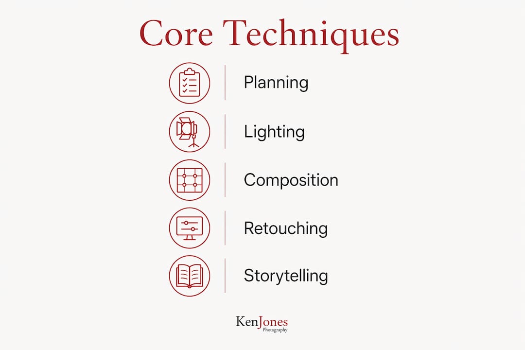 Infographic showing core techniques in advertising photography
