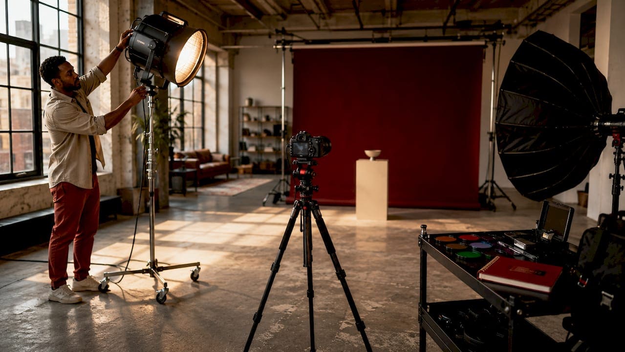 Photographer adjusting lighting in studio