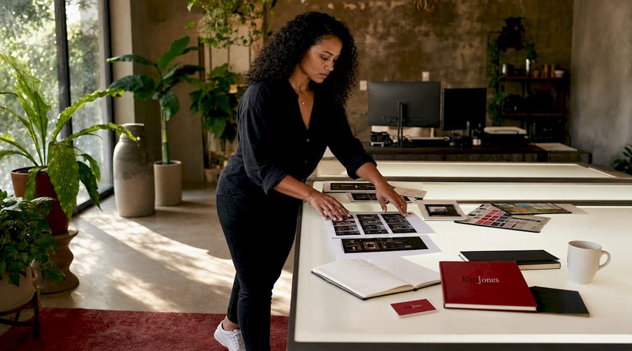 Photographer reviewing product photos at studio desk