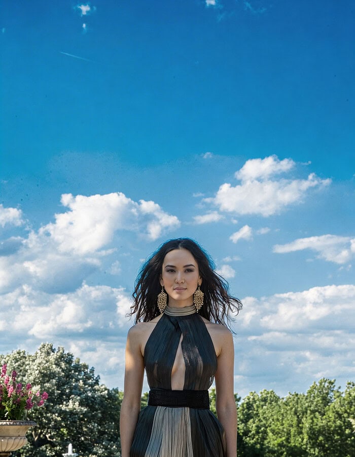 Fashion model in a black and gray pleated gown standing in a formal garden beneath a blue sky.